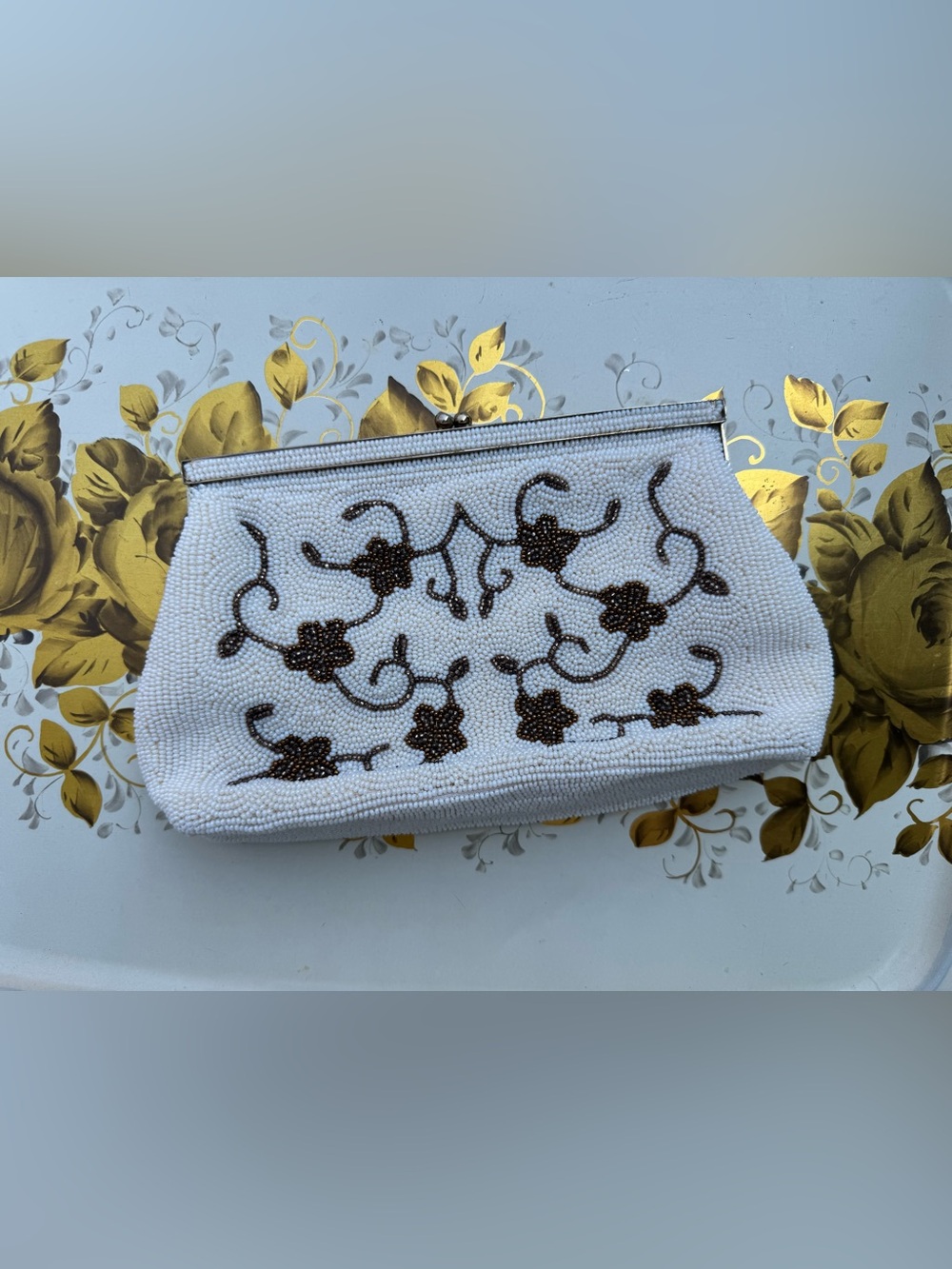 Vintage Bags by Debbie Japan Beaded Floral Kiss Lock Evening Clutch